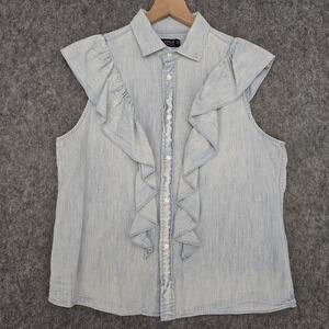Polo Ralph Lauren Shirt Womens L Blue Chambray Ruffle Button Sleeveless Top